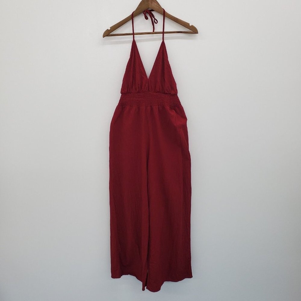 Womens Sleeveless Red Wide Leg Jumpsuit Romper Size M Elastic Waist V-Neck SHEIN